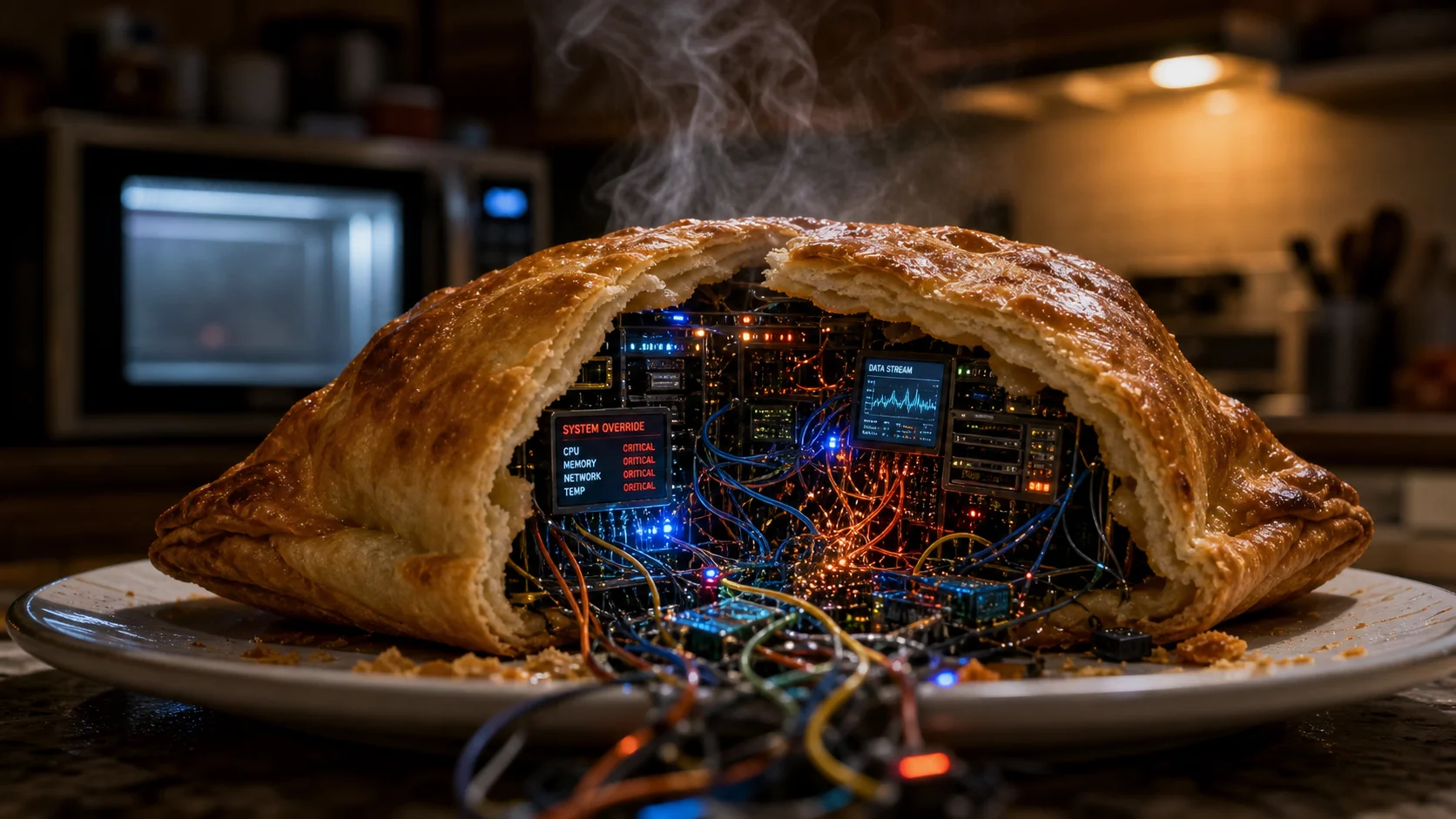 A split-open Hot Pocket-style pastry on a kitchen plate with steam rising, its molten interior replaced by glowing circuit boards, miniature dashboards displaying system metrics, and tangled multicolored wires spilling onto the plate. A microwave glows in the dim background of a suburban kitchen, late-night cinematic lighting.