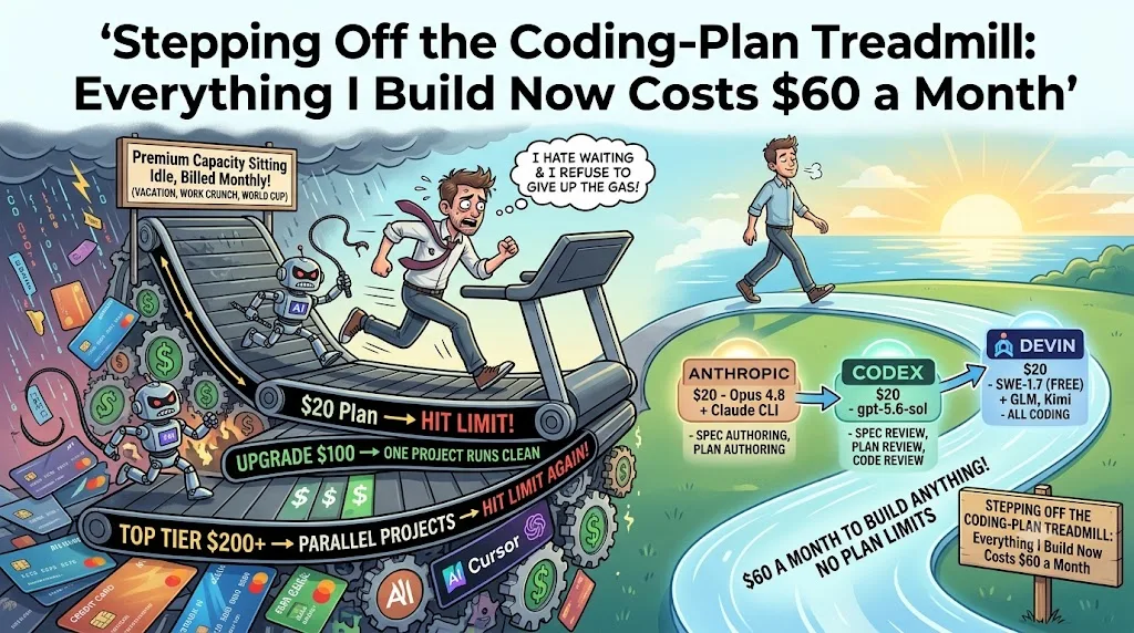 Cartoon illustration in two halves. On the left, under a storm cloud, a frazzled man in a tie runs on a treadmill built from an escalating conveyor of coding plans — "$20 plan → HIT LIMIT!", "Upgrade $100 → one project runs clean", "Top tier $200+ → parallel projects → hit limit again!" — while credit cards and robot mascots tumble around him. On the right, the same man walks calmly off the treadmill onto a sunny seaside path lined with three plan cards labeled Anthropic, Codex, and Devin, toward a signpost reading "$60 a month to build anything, no plan limits."