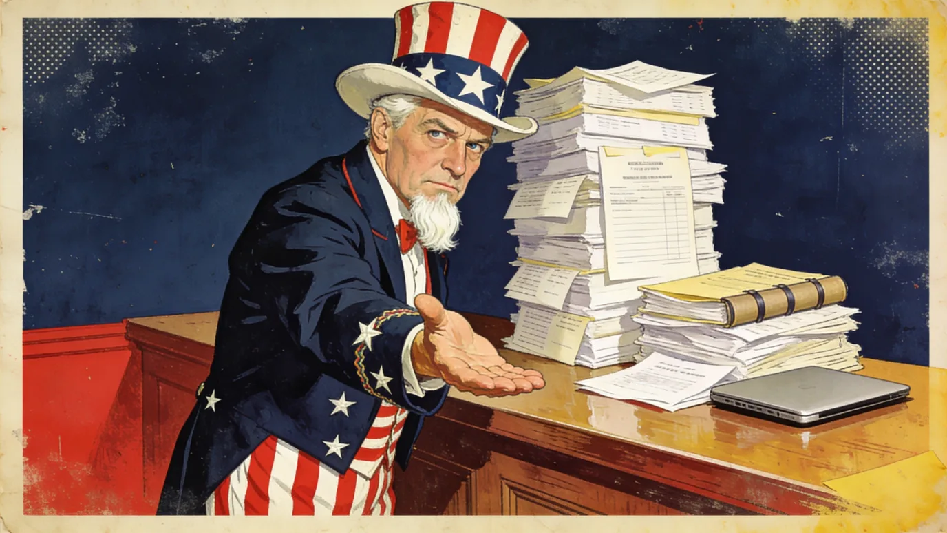 Vintage propaganda-poster illustration of Uncle Sam standing behind a wooden tax-collector's counter, hand outstretched expectantly, with a leaning tower of paper invoices and a closed silver laptop on the counter beside him. Rendered in classic Americana red, navy, and cream.
