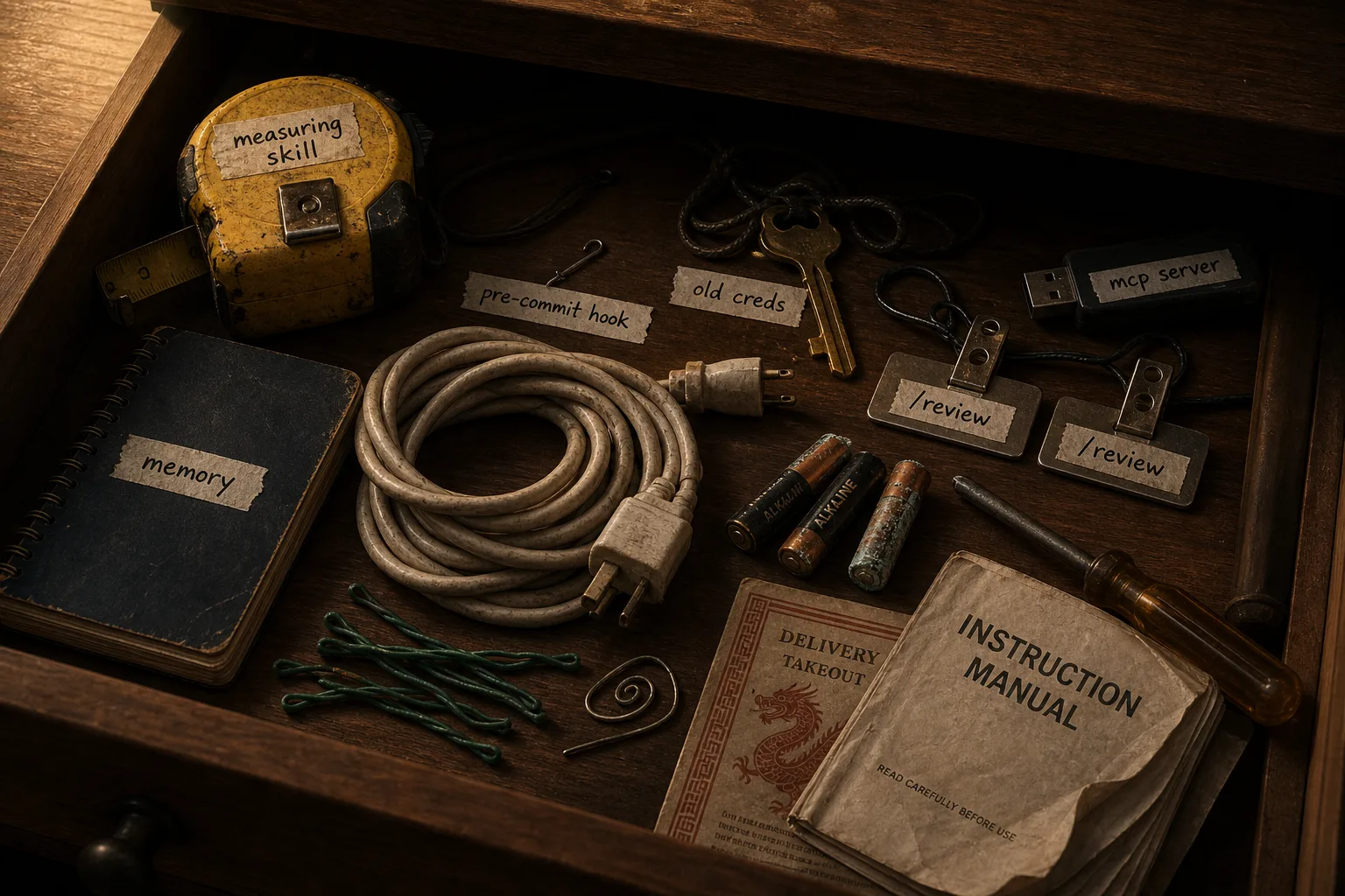An open wooden kitchen junk drawer photographed from above. Inside: a yellow measuring tape labeled "measuring skill," a leather-bound notebook labeled "memory," a coiled extension cord with a dangling plug labeled "pre-commit hook," a brass key labeled "old creds," a small device labeled "mcp server," and two paper tags both reading "/review." Around them sit dead batteries, paperclips, a tattered takeout menu, a battered "INSTRUCTION MANUAL," and a screwdriver. Warm overhead lighting; the contents look accumulated rather than organized.