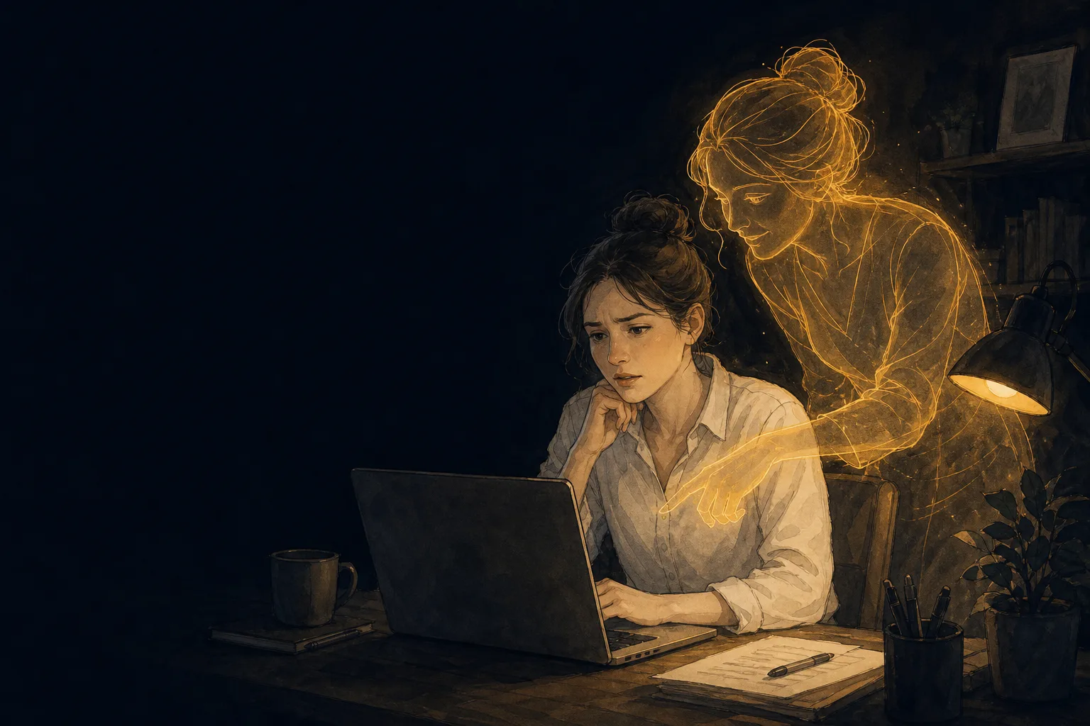 Editorial illustration in near-black and warm amber: a woman works at a laptop in a dim workspace, looking at her screen, while a translucent amber-glowing figure rendered in fine luminous contour lines leans in over her shoulder, studying the same screen with her. A desk lamp glows at right; a coffee mug and papers rest on the desk.