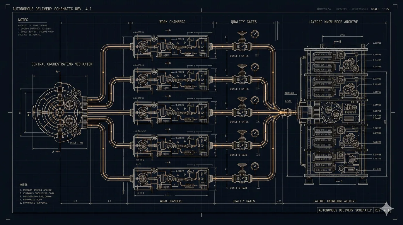 Blueprint schematic of SwageKit's autonomous software delivery pipeline: a central orchestrating mechanism drives five parallel work chambers through quality gates into a layered knowledge archive. Rendered in amber on navy, vintage engineering drafting style.
